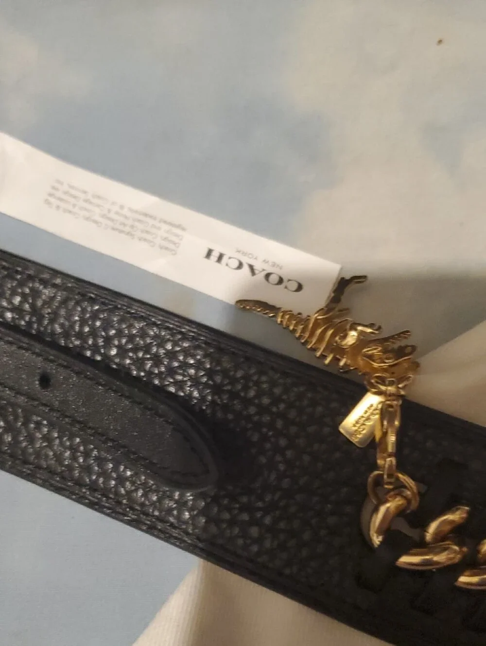 Coach Black Leather Strap with Gold Chain Accent